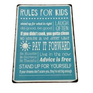 Rules for Kids Blue and White Metal Sign 10.25 x 13.75 Inch Fun Family Rules